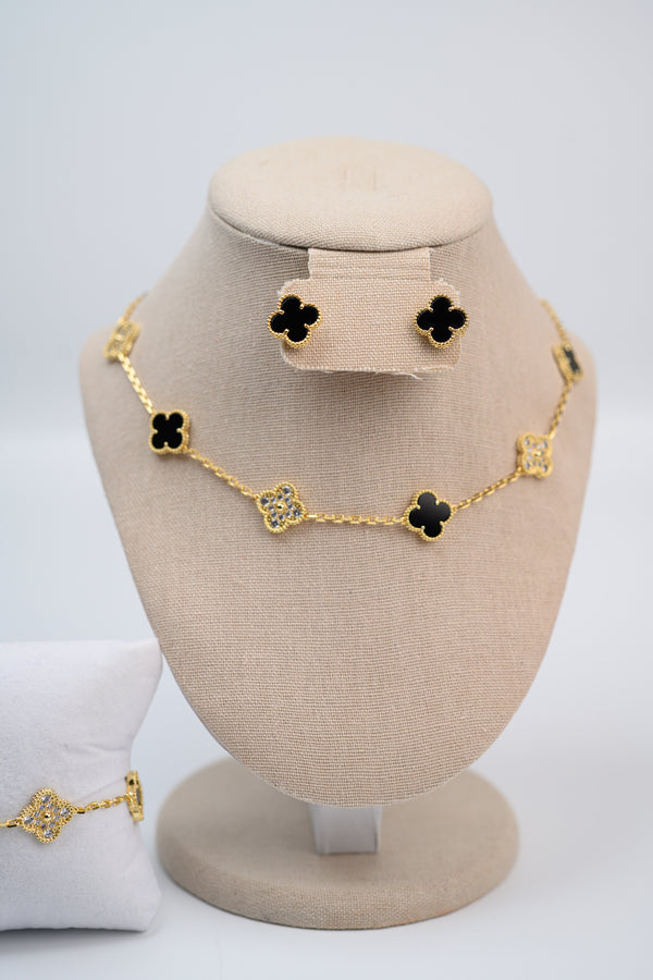 Set de Cadena múltiple negra con brillo + aretes y brazalete negro Shine