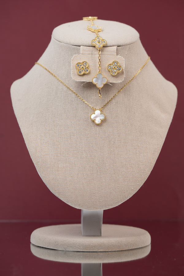 Set: cadena simple blanca + brazalete + aretes shine